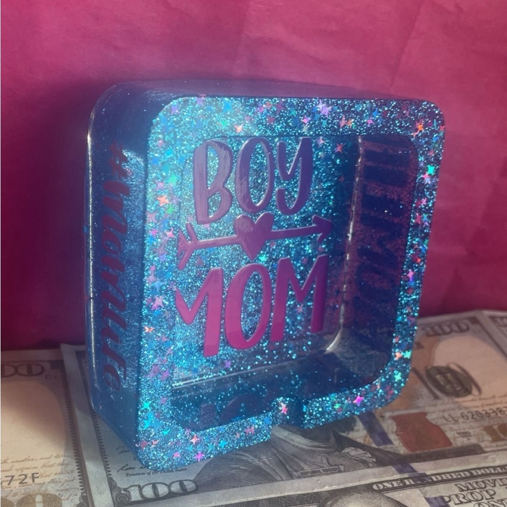 Glittery Blue 'Boy Mom' Decorative Block